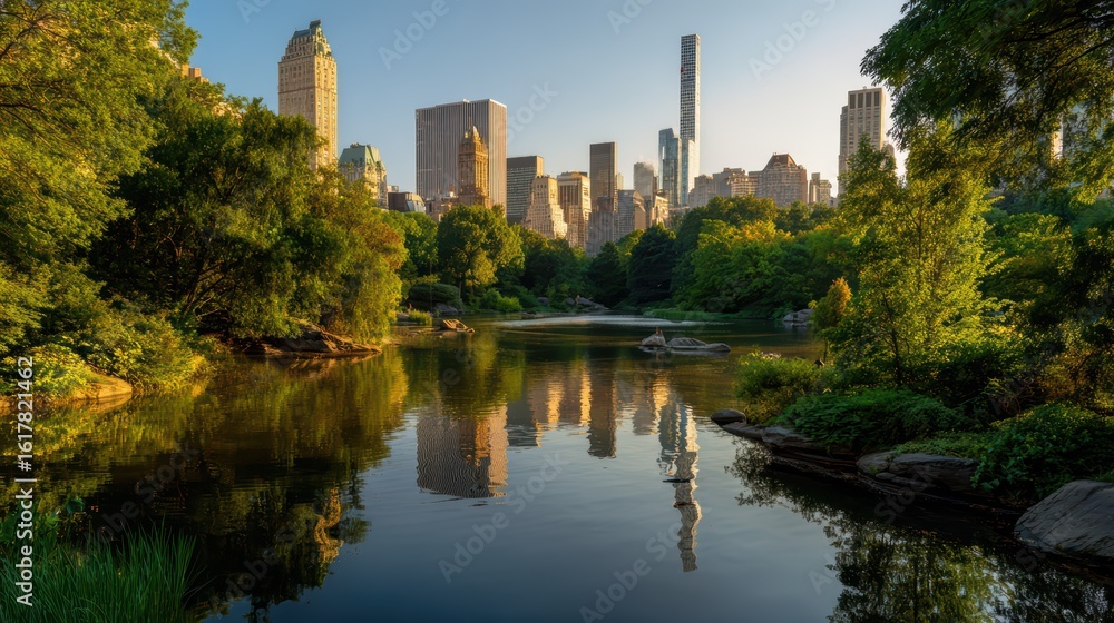 Panoramic view of New York City skyline with Central Park lake and historic architecture under warm daylight. Modern skyscrapers blend with natural green spaces in urban harmony. Panoramic view of New York City skyline with Central Park lake and historic architecture under warm daylight. Modern skyscrapers blend with natural green spaces in urban harmony.