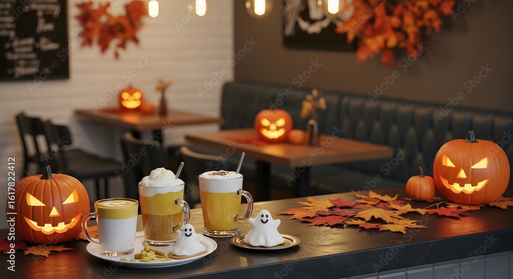 Halloween themed cafe interior with pumpkin spice lattes and carved pumpkins. Halloween themed cafe interior with pumpkin spice lattes and carved pumpkins.