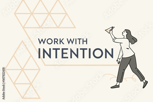 Woman launching paper airplane with text work with intention and geometric pattern background