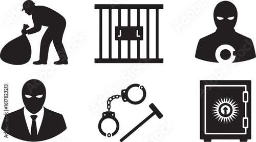 Silhouette of a Burglar Stealing Money Bag Icon Depicting Crime and Theft in a Vector Illustration