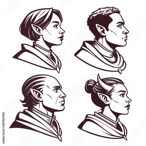 Vector art of a diverse group of fantasy elf characters in profile wearing cloaks and hoods in vector art