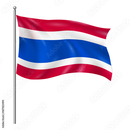 Free Download Waving Thai Flag on Flagpole – National Flag of Thailand with Red, White, and Blue Horizontal Stripes - GFXLoad