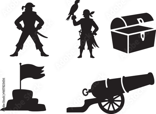 Pirate Adventure Silhouettes Set Treasure Chest Cannon Flag Buccaneer with Parrot Isolated on Transparent