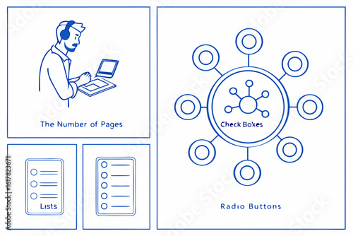 Vector art of a set of interface elements including lists, radio buttons, check boxes, and a man using a computer