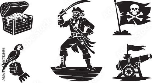Pirate Adventure Silhouettes Vector Set Featuring Treasure, Pirate, Flag, Parrot, and Cannon on Transparent