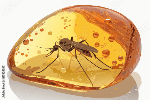 Vector art of a mosquito perfectly preserved in amber, a relic from a prehistoric era, showcasing ancient insect life