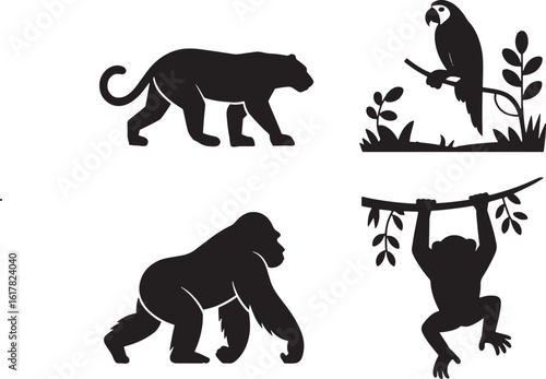 Jungle Animal Silhouettes Set Vector Illustration Featuring Tiger, Parrot, Gorilla, and Monkey on Transparent Background