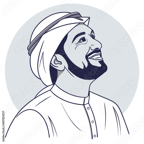 Vector art of an emirati man in traditional dress gazes upwards with a hopeful expression on his face