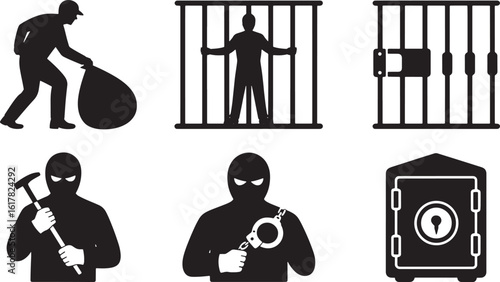 Criminal Activity Icons Set Depicting Thief with Loot, Prisoner Behind Bars, and Burglar with Tools