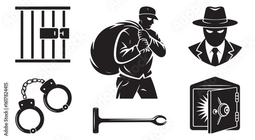 Criminal and Theft Icons Collection Black Silhouette on Transparent Background for Design Projects