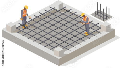 Two construction workers installing rebar on a concrete foundation for a building project on a site