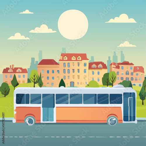Illustration of a City Bus in Front of a Town Hall – Urban Public Transportation Scene, Municipal Building with Commuter Bus, Perfect for City Planning, Travel, and Infrastructure Design