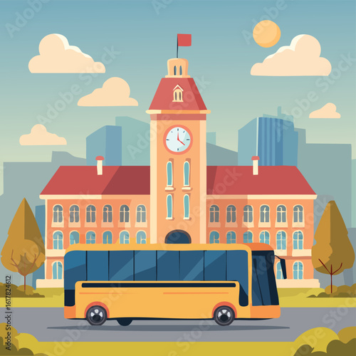 Illustration of a City Bus in Front of a Town Hall – Urban Public Transportation Scene, Municipal Building with Commuter Bus, Perfect for City Planning, Travel, and Infrastructure Design