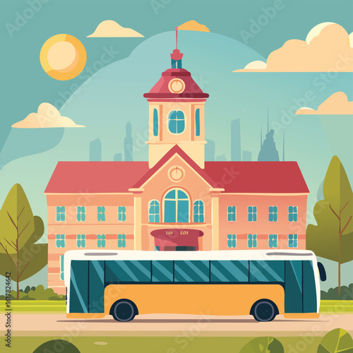 Illustration of a City Bus in Front of a Town Hall – Urban Public Transportation Scene, Municipal Building with Commuter Bus, Perfect for City Planning, Travel, and Infrastructure Design