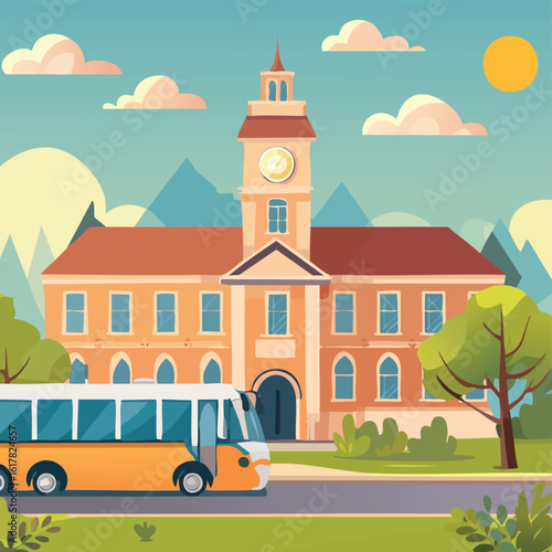 Illustration of a City Bus in Front of a Town Hall – Urban Public Transportation Scene, Municipal Building with Commuter Bus, Perfect for City Planning, Travel, and Infrastructure Design