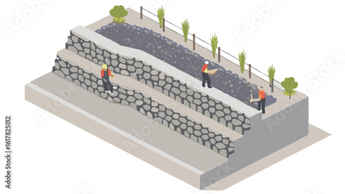 Isometric view of workers constructing a tiered stone retaining wall with greenery on top level