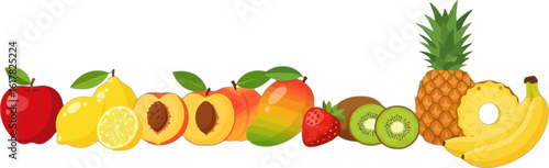 Vector art of vector illustration of a colorful assortment of fresh fruits including apples lemons peaches mangoes strawberries kiwis pineapples and bananas