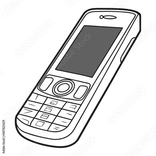 Simple black and white line drawing illustration of an old fashioned mobile phone with a keypad and screen