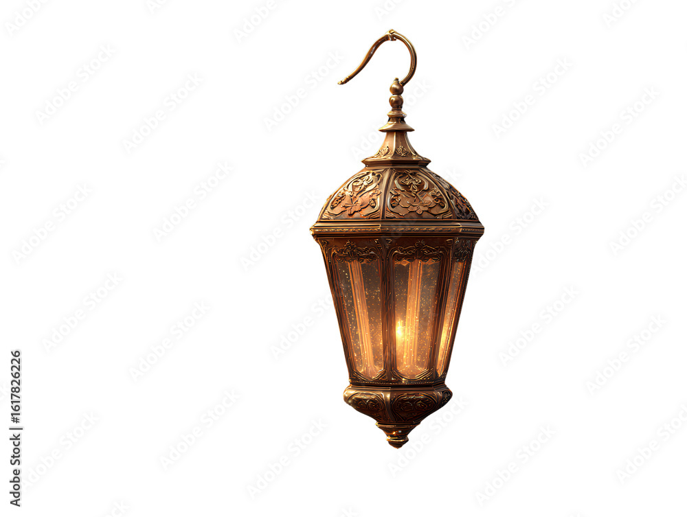 Obraz premium Fantasy-Inspired Ornamental Lantern with Curved Handle and Magical Warm Glow, Floating Design, Isolated on Transparent Background