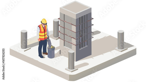 Construction worker using jackhammer near a building with columns on a concrete platform isometric view