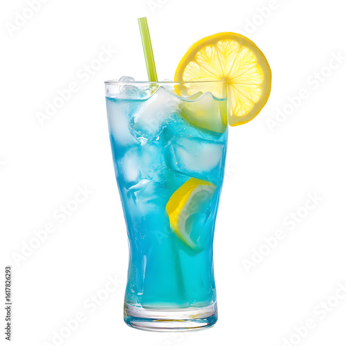 Refreshing blue cocktail with lemon slice and ice cubes isolated on transparent background