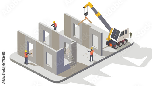 Isometric construction site with crane lifting beam and workers assembling precast concrete walls