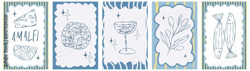 Amalfi poster with lemon and food outline style. Hand drawn poster summer amalfi with lemon. Doodle sketch stamp and summer food.