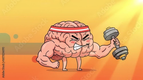 Cartoon brain character lifting a dumbbell, wearing a headband, flexing muscles, and showing determination.