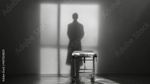 Empty medical stretcher in dark room with a shadow of a person on the wall, evoking mystery, loss, or suspense in a healthcare or forensic setting.
