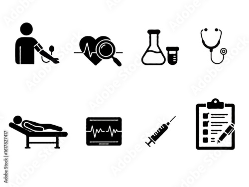 Illustration showcasing various medical symbols including diagnostics, laboratory tools, and healthcare essentials, providing an overview of clinical services and medical practices
