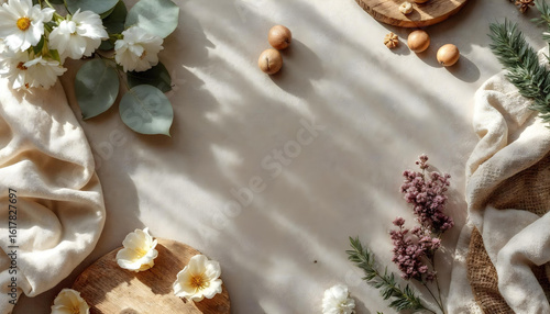 Wallpaper Mural Flatlay of a rustic woven rattan tray on a beige linen cloth, filled with dried flowers, pinecones, and natural scented candles in ceramic holders. Soft morning sunlight from the side creates gentle s Torontodigital.ca