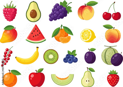 Vector art of vector illustration of various colorful and delicious looking fruits arranged on a white background