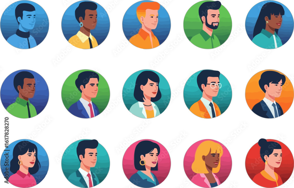 Vector art of vector illustration of diverse group of people avatars in colorful circles representing a team or community Vector art of vector illustration of diverse group of people avatars in colorful circles representing a team or community