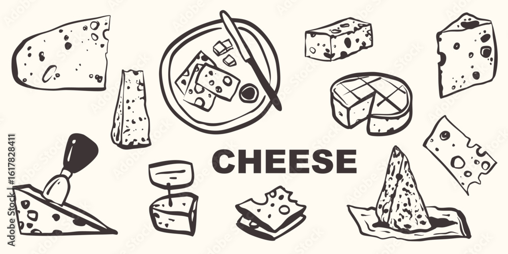 Fototapeta premium Hand drawn whimsical cheese olives food party collection. Romantic vector illustration menu decoration. Cafe restaurant icons doodle graphic sketch set.