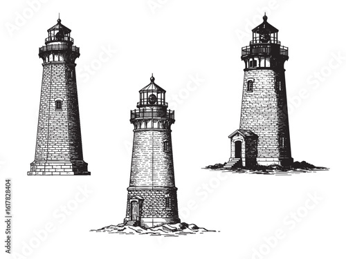 Engraved historic lighthouse for marine maps coastal posters and vintage nautical illustrations