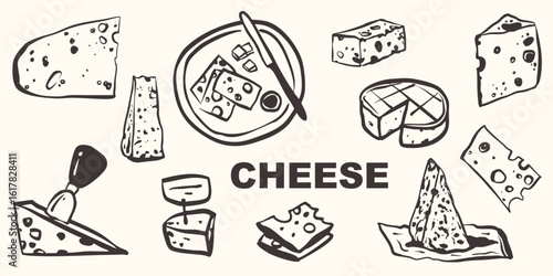 Hand drawn whimsical cheese olives food party collection. Romantic vector illustration menu decoration. Cafe restaurant icons doodle graphic sketch set.