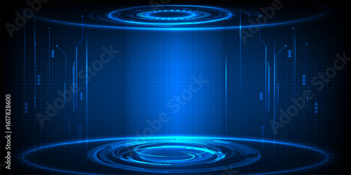 Hi tech modern technology hall with grid line and digital element around layout for showcase or stage background.Vector illustrations.Futuristic digital technology concept.
