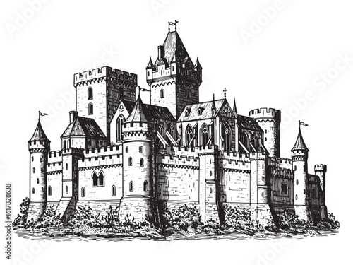 Engraved medieval castle illustration for historical design fantasy art and vintage architecture projects