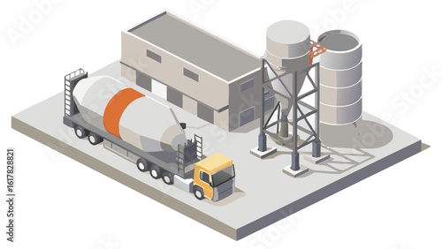Isometric view of a cement truck next to a building and silos at a concrete mixing plant area