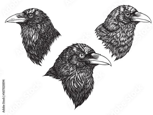 Engraved raven illustration for dark craft beer packaging gothic or mysterious brewery label designs