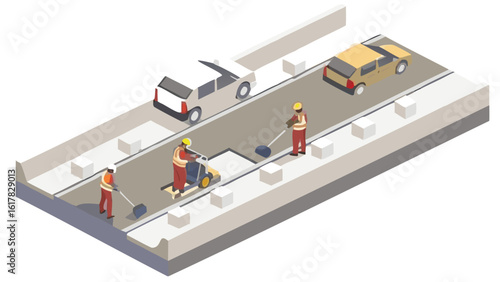 Isometric view of road construction with workers and vehicles on a concrete structure section