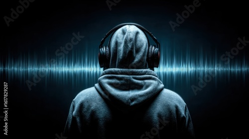 Audio immersion: A silhouette of an individual with headphones merges seamlessly with sound waves, encapsulating the immersive auditory experience, suggesting the power and depth of music and sound.