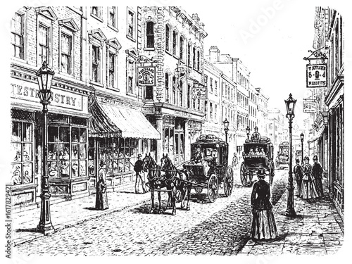 Detailed vintage street scene engraving for whiskey packaging traditional distillery branding and nostalgic bottle design