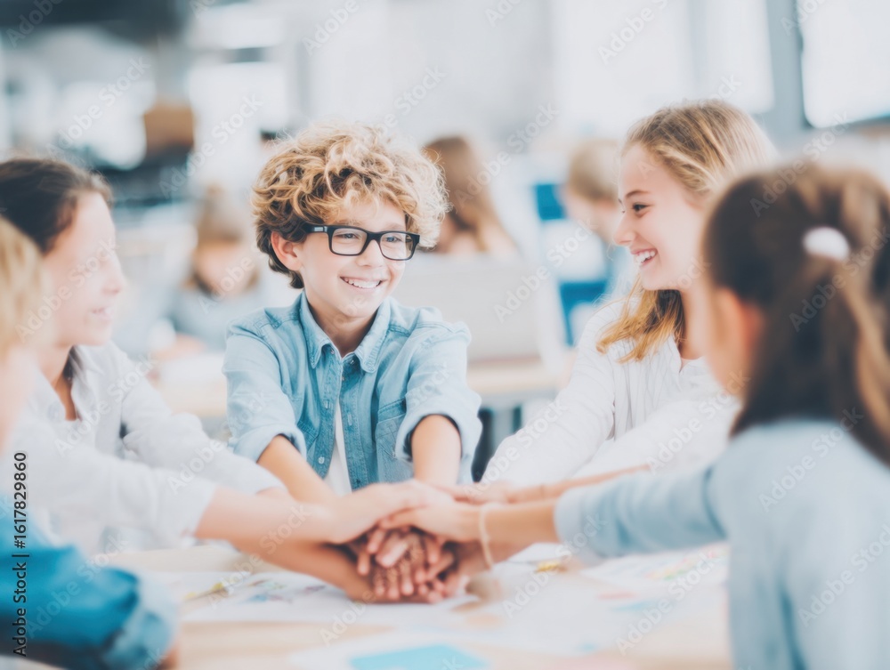 Fototapeta premium Team Spirit: A group of young students joins hands together in a show of unity and camaraderie, embodying the essence of cooperation and shared purpose in a learning setting. 
