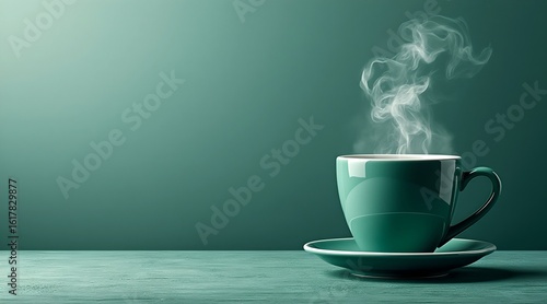 emerald tones   coffee cup steam rising create a minimalistic flat lay image with emerald tones featuring a coffee cup with steam rising from its surf