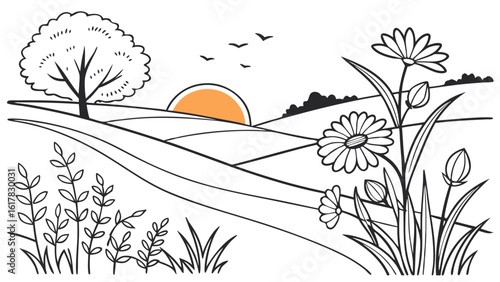 Serene Rural Landscape Line Art with Sunset and Wildflowers, Simple Nature Scene Outline for Coloring Book or Design