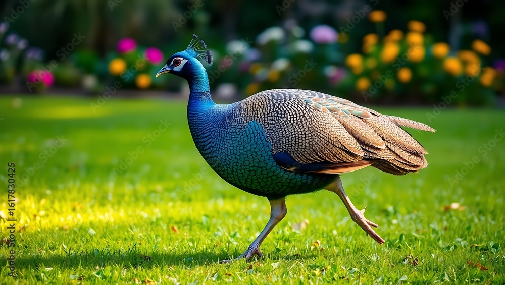 Obraz premium A peacock walking on green grass in a garden with flowers in the background during the daytime outdoors