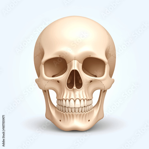 Anatomically correct human skull illustration on a light background. A scientific and medical visual representing human anatomy and mortality.