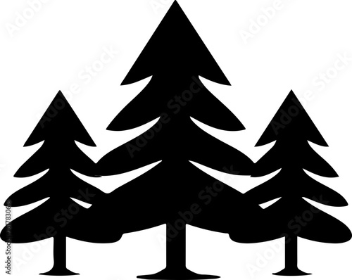 Three stylized pine trees create a natural forest silhouette