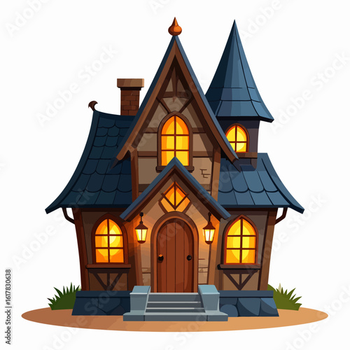 Charming medieval fantasy cottage with a turret and glowing windows at night. Vector illustration of a magical fairytale house.